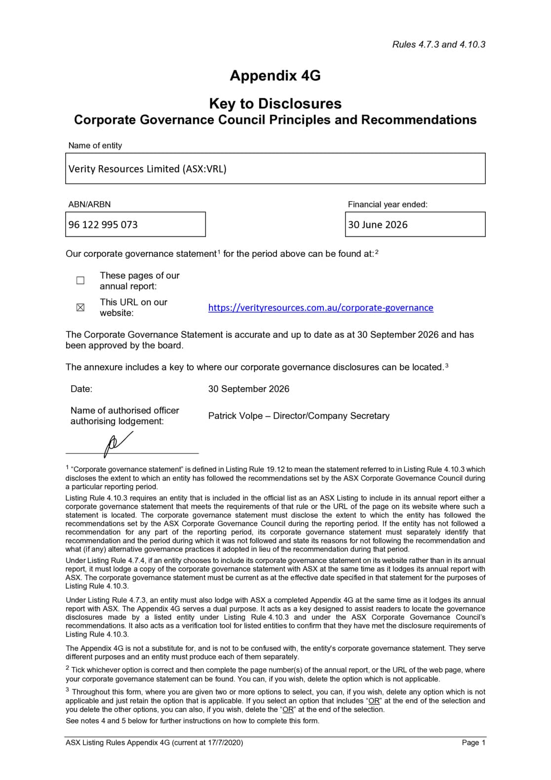 Appendix 4G and Corporate Governance Statement